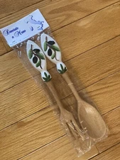 Wooden & Ceramic "Olives" Painted Salad Fork & Spoon Serving set-ITALY-**NEW**