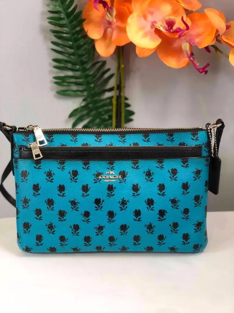 COACH Blue Leather Floral Prints with Pop Up Pouch Crossbody Bag #F38159