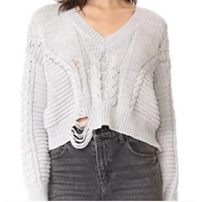 Wildfox Cable Nancy Knit Cropped Distressed Long Sleeve Sweater Light Gray Sz XS