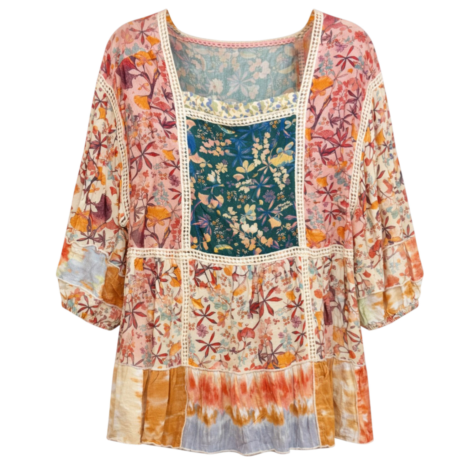 John Mark Boho Patchwork Crochet Trim Top Women S… - image 1