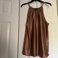 Nicole Miller~USA Made~Halter Strappy Top Copper Brown Good Satin Blouse Size L