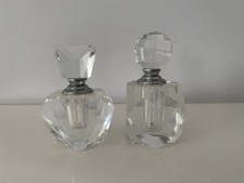 2 Vtg Art Deco Style Cut Faceted Glass Perfume Bottles Refillable Stopper Dipper