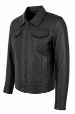 Mens Soft Leather Trucker Coat Black American...