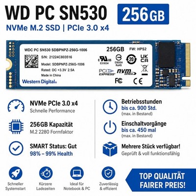    WD PC SN530 256GB NVMe M.2 SSD PCIe 3.0 x4 98-99% Health TOP   #PP17