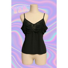 Unique Spectrum Vintage Top 90s Y2K Black Rhinestone Spaghetti Strap Sheer