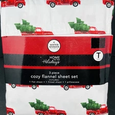 Winter Wonder Lane Cozy Flannel TWIN Sheet Set 4 Piece Christmas Truck Tree NEW