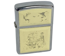 1994 Zippo Scrimshaw Lighter Ship & Lighthouse Cream Panel Vintage