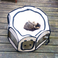 Lippert Portable Fabric Pet Play Pen w/ Mesh Panels, Zip Door, Beige/Black