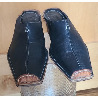 Linea Italian Black Leather EU 39 US 8.5 Square Toe Mules Made Italy Block Heel