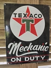 VINTAGE OLD TEXACO MECHANIC ON DUTY PORCELAIN GAS STATION PUMP SIGN 12" x 16"