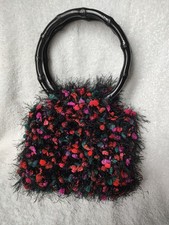 Beautiful Vintage Handbag Fuzzy Knitted Purse Handmade Bamboo Handles
