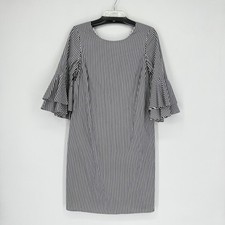 PAPPAGALLO Women's Charcoal White Striped Ruffle Tiered Sleeve Dress NWT 6
