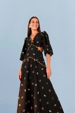NWT Farm Rio Cross Stitch Embroidered Linen-Blend Maxi Dress Horoscope Zodiac M