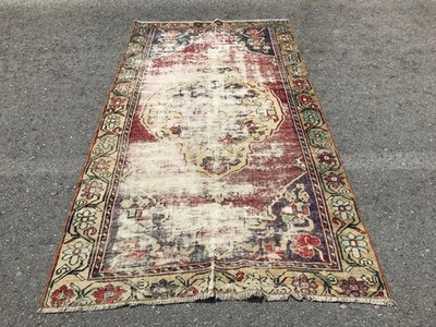 4,3x7,9 ft Area Vintage Turkish Rug, Red Floral Wool Rug