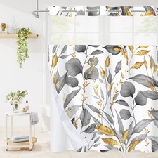 No Hooks Grey Gold Plant Leaves Shower Curtain Set with Snap-in Liner, Hotel ...