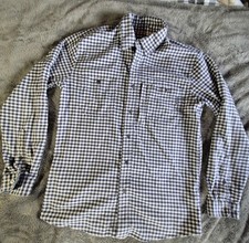 Orvis Shirt Mens Medium Blue White Plaid Performance Stretch Flannel Long Sleeve