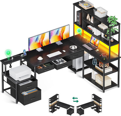 79 Inch L Shaped Desk with 5 Drawers, Reversible L Shaped Gaming Desk with LED L