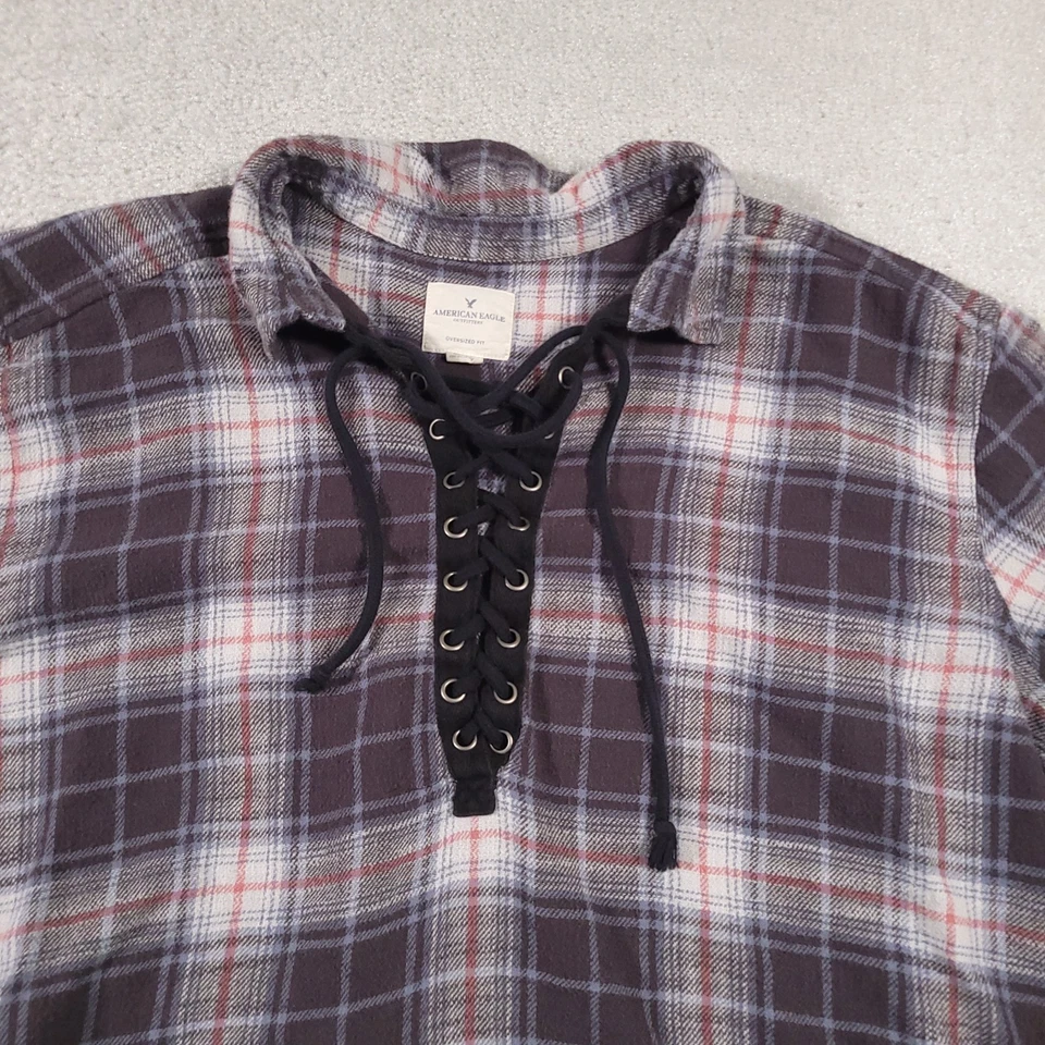 Camisa de franela American Eagle para mujer XL talla grande gris envejecida con cordones Foto 3 de 4