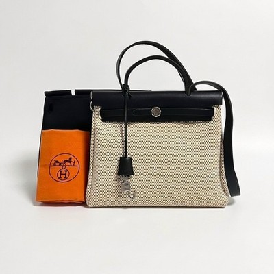 HERMES Herbag PM 31  G black  beige toile officier leather shoulder bag