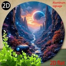 2D Flat, 1pc Round Aluminum Metal Wall Art Sign - Futuristic Alien Planet Landsc