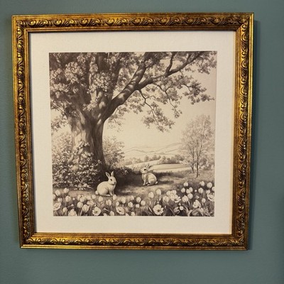 Bunnies in Nature Framed Easter Artwork Black &White 12'' x 12'' My Texas House