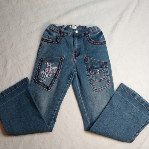 Girl No Or And Blue Jeans Sz 10 Embroidery Flared Leg Elastic Waist Zip Up - Picture 17 of 19