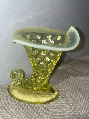 FENTON Uranium GLASS 3.75" MINI HOBNAIL FAN VASE Fenton VASELINE Glass