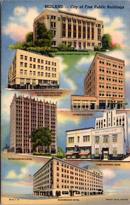 Linen Postcard Multiple Views of City of Fine Public Buildings in Midland, Texas