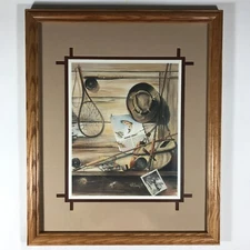 R.F. Harnett Trout Fly Fishing Framed & Matted Print Poles, Net, Flies, Basket