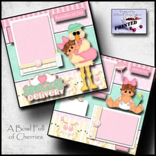 SPECIAL DELIVERY baby girl 2 premade scrapbook pages paper printed layout CHERRY