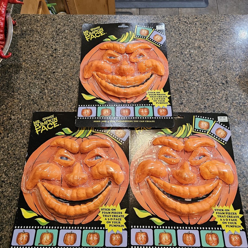 3 New In Package 1994 MR SPONGE PUMPKIN FACE VINTAGE HALLOWEEN DECOR 