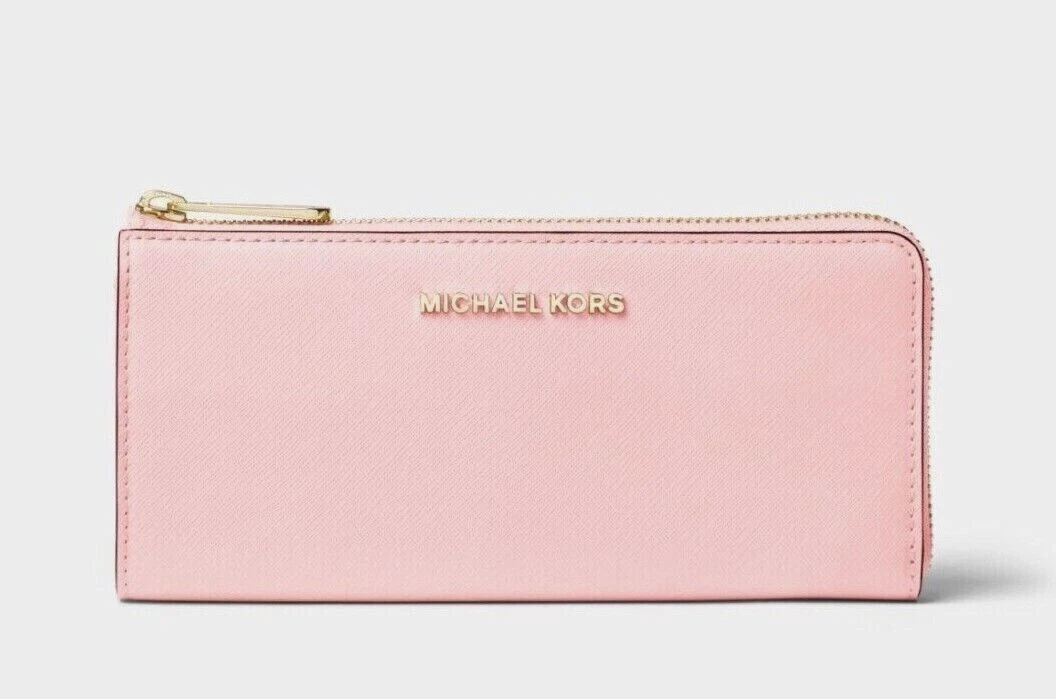 New Michael Kors Jet Set Travel Large Leather Quarter-Zip Wallet Powder  Blush