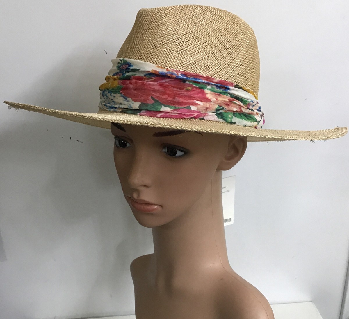 Zimmerman Hat Natural Straw Wide Rim Floral Band Nwt Size M