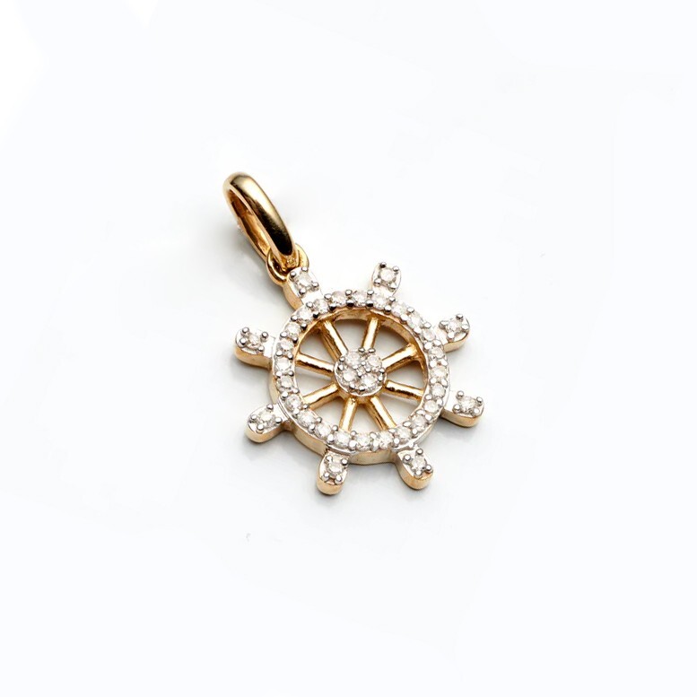 Sparkling Round Moissanite 14k Yellow Gold Ship Wheel Unisex Pendant