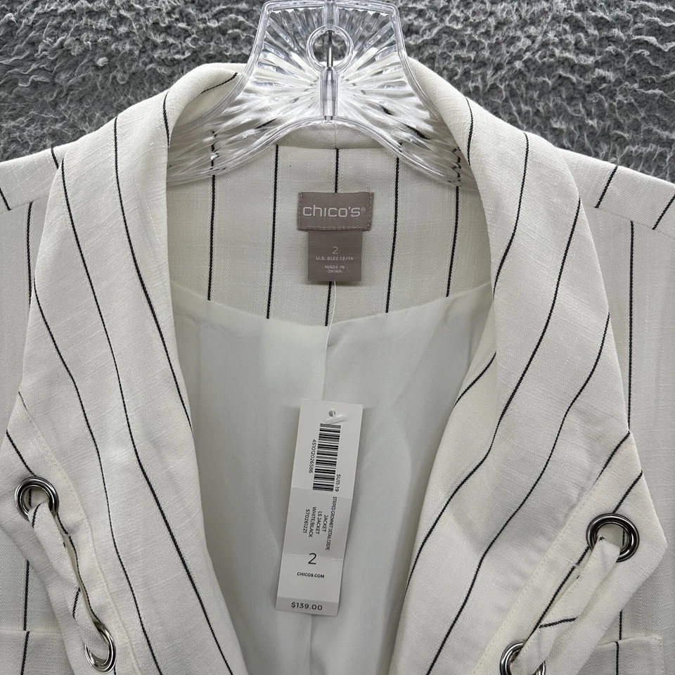 Chicos Jacket Womens 2 12 14 Cream Striped Career Work Open Blazer Suit Jacket - Image 3 of 4