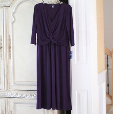 chaps purple dress CHAPS-PURPLE-CROSSOVER-NECK-SIDE DRAPED-3/4 SLEEVE-SHEATH DRESS -SIZE-L-NWT-$95