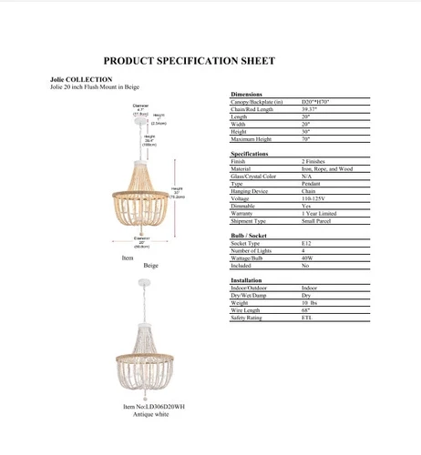 Chandelier Light Fixture Farmhouse Shabby Beige Wood Bead Chic Rope Pendant Lamp - Picture 9 of 9