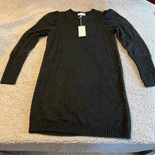 WAYF Black Long Sleeve Puff Shoulder Knit Sweater Dress Ribbed Trim New