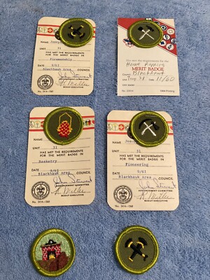 BOY SCOUT MERIT BADGE LOT TYPE F 1960'S TWO FIREMANSHIP PIONEERING HOME REPAIRS