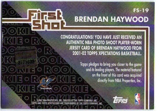 BRENDAN HAYWOOD 2001-02 01/02 Topps Xpectations First Shot Jersey Card Wizards - Picture 2 of 2