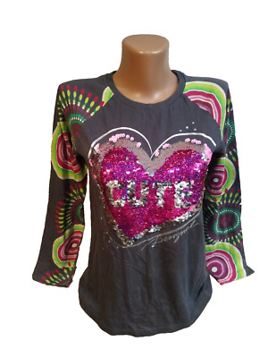 Desigual Girls Raglan Top 13-14 Yrs Gray Sequin Heart Cute Pleated Split Back