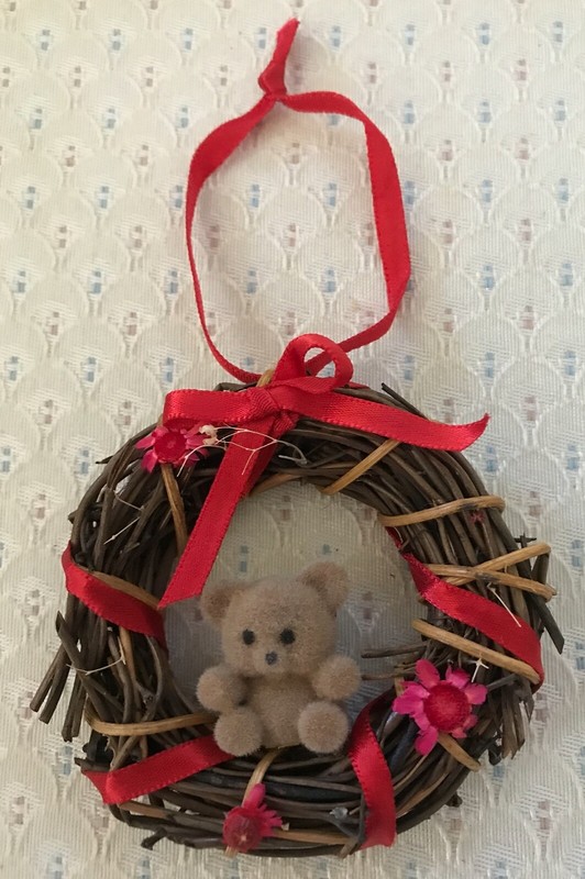Adorable Flocked Teddy Bear Ornament Sitting in Grapevine Wreath w/Red Accents
