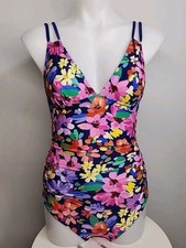 NWT Cupshe Womens One Piece Swimsuit Size XS Purple W/ Colorful Floral Design.