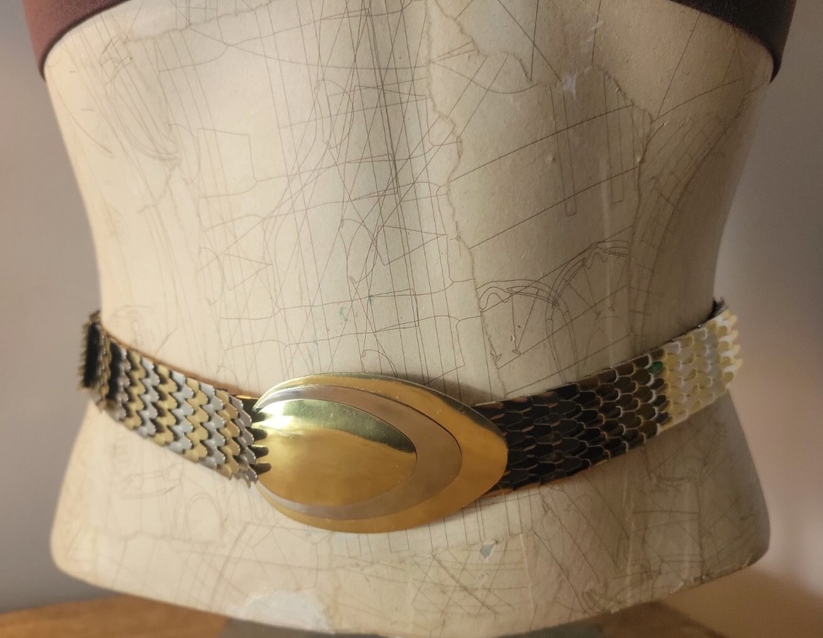 Vintage Large/XL Silver Double Snake Head Thin Stretch Scale Belt Vintage Retro Wide Stretchy Silver Tone Metal Snake Scale  main image 4