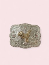 Western Metal Belt Buckle Silver/Gold Rooster Pink Rhinestone