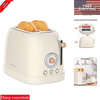 2-Slice Toaster Stainless Steel Retro Cream Wide Slots Bagel Defrost Reheat