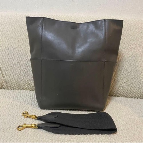 CELINE Sangle Bucket Large Shoulder Bag Gray Leather Authentic Women Tote