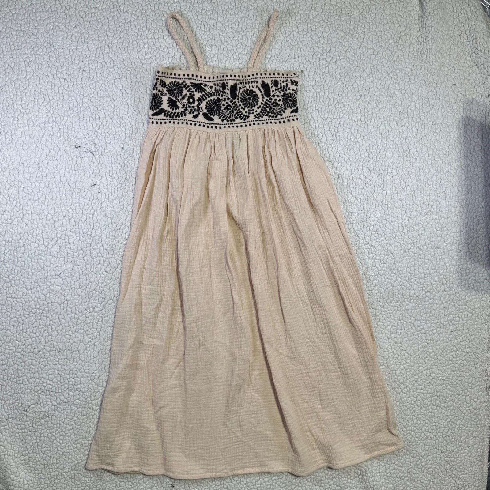 Mu Ai Clothing Girls Beige Cotton Gauze Embroidered Smocked Dress Size 160 NWT