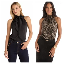 Rina Tie Neck Blouse Top Black, Leopard  THE NOLI SHOP