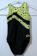 GK Elite Gymnastics Leotard Black Neon Yellow Star Print Size CS